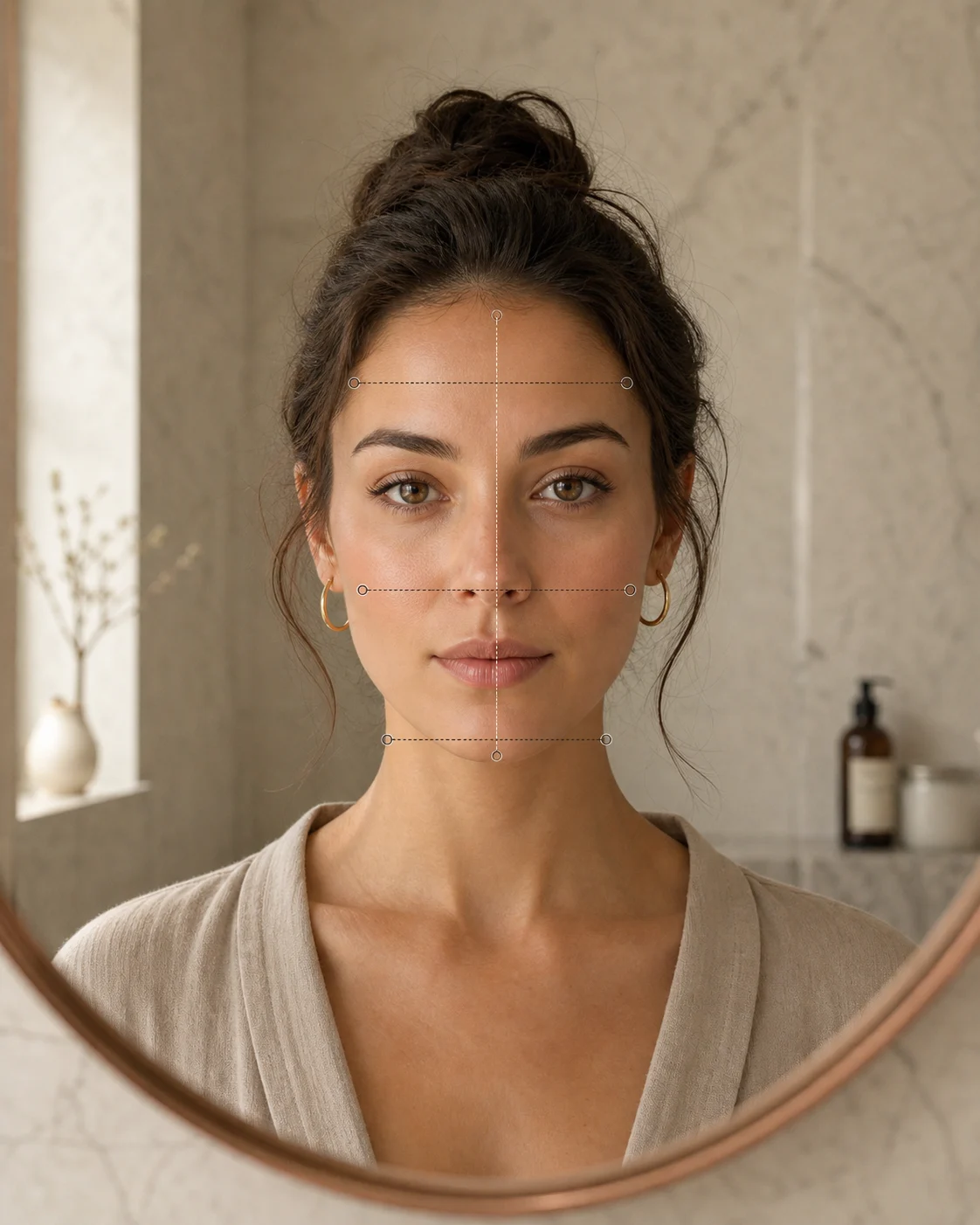 Person measuring face proportions in a mirror