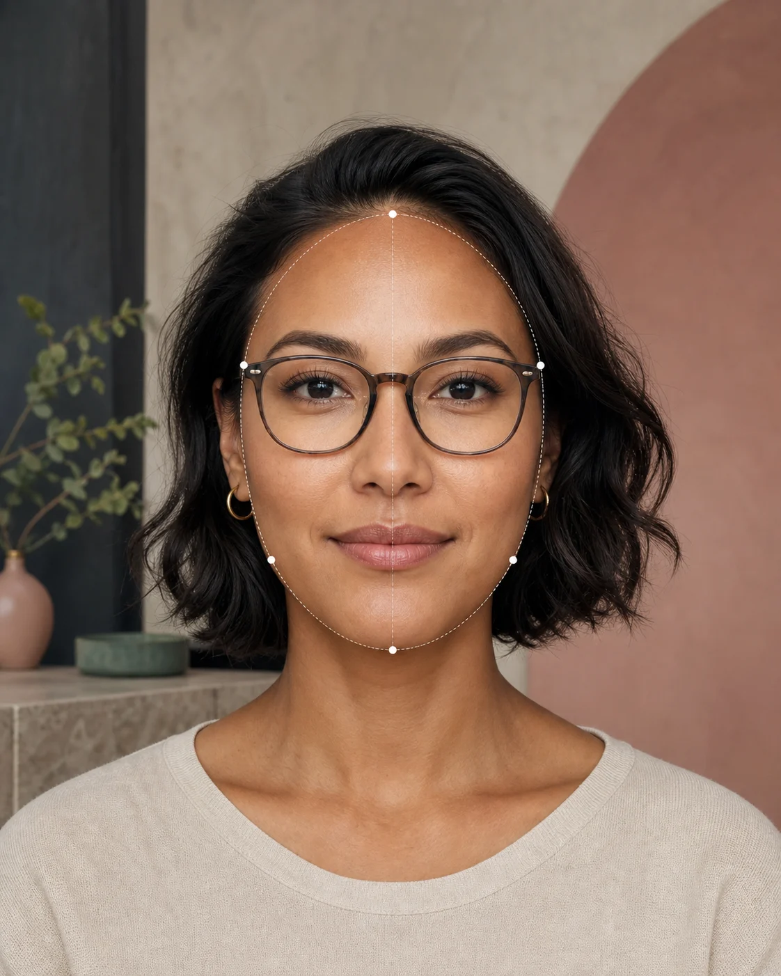 Person wearing glasses with face-shape guide lines