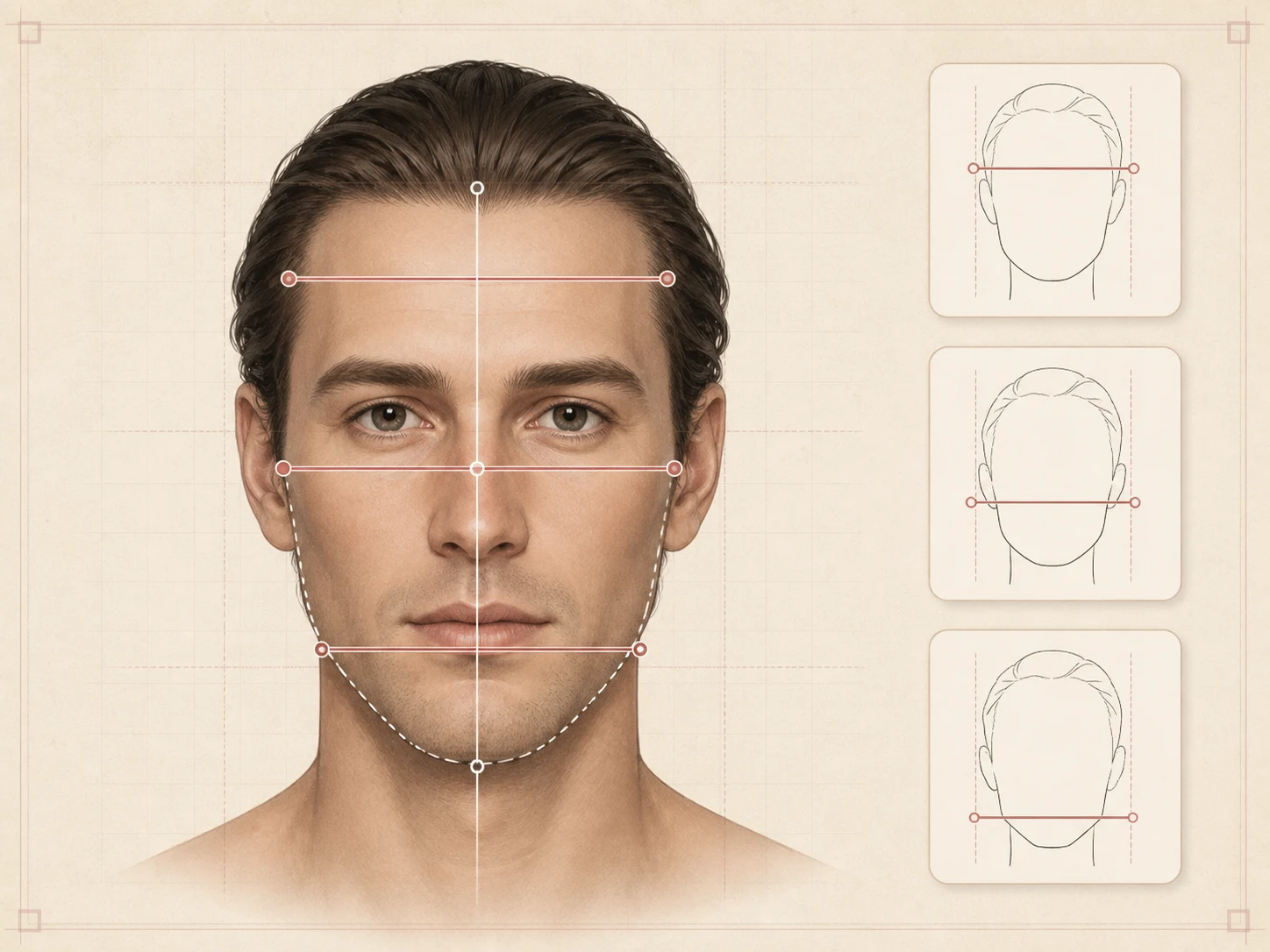 Male face measurement guide showing forehead, cheekbone, jaw, face length, and chin cues