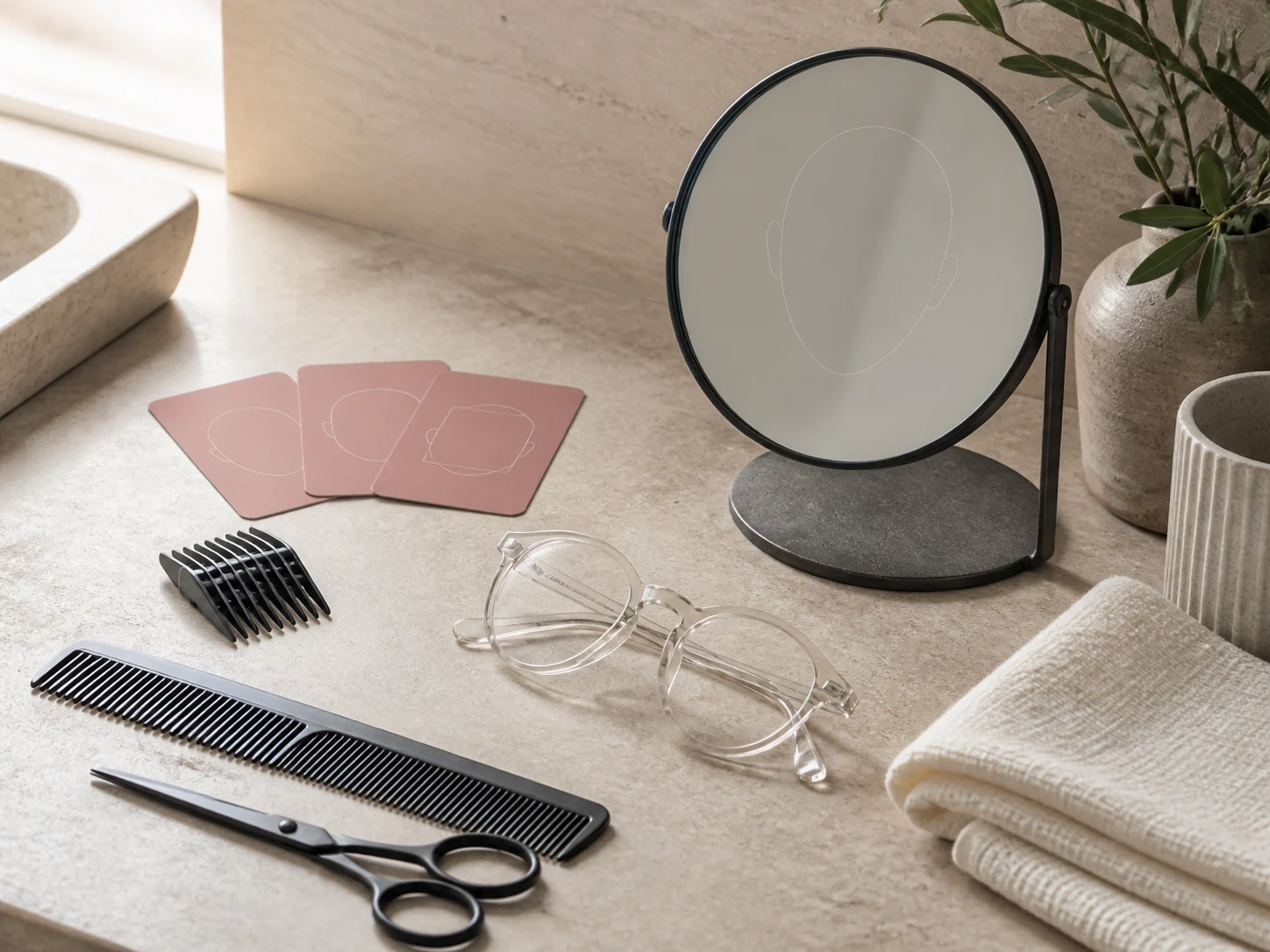 Men's grooming tools, clear eyeglasses, and face-shape cards on a warm stone counter