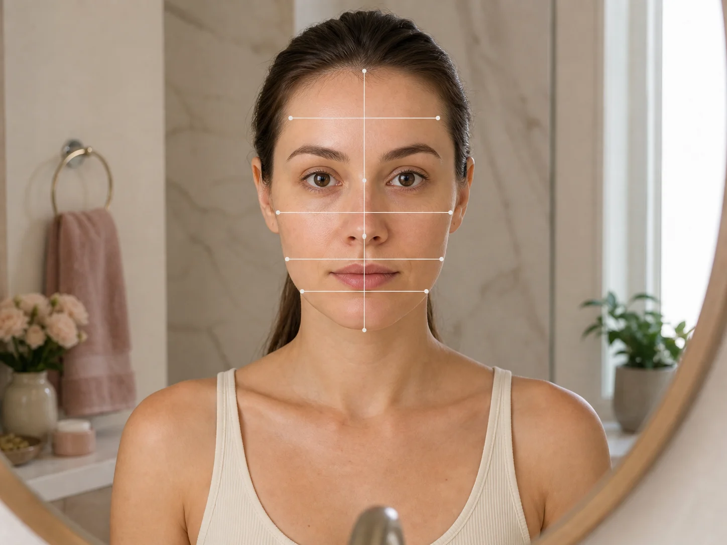 Woman measuring face proportions in a mirror